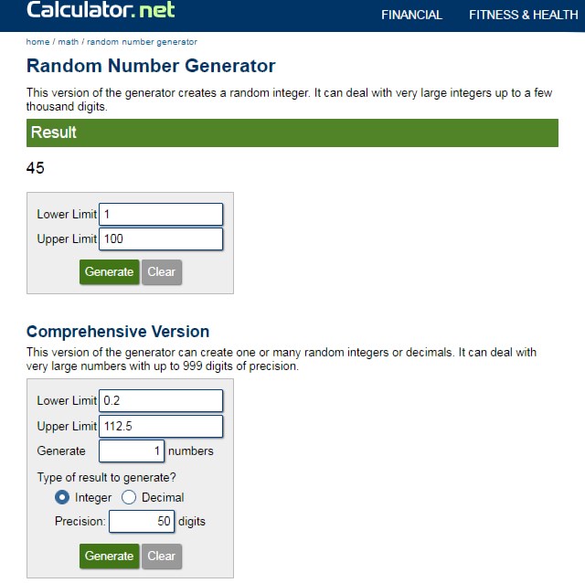random number generator calculator.net 